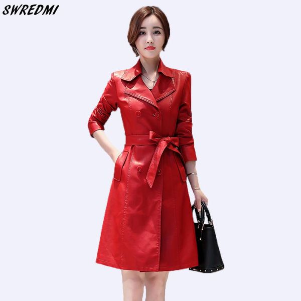 

women's leather & faux swredmi slim fashion sashes women trench plus size s-3xl female clothing outerwear autumn long coat suede, Black