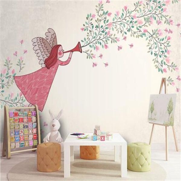 

wallpapers children's room wall coating pink cartoon non-woven paper warm hand painted girl angel
