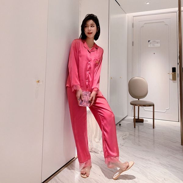 

solid color sleepwear suit spring autumn rayon silk lace trim long sleeve shirt pant homewear nightwear pajamas pyjama set, Black;red
