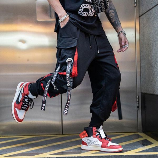 

letter ribbons casual hip hop joggers cargo pants for men block pocket black track male trousers sweatpants streetwear men's