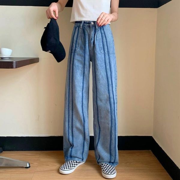 

women's jeans orean spring street personality casual harajuku striped denim trousers fashion retro straight loose female wide leg pants, Blue