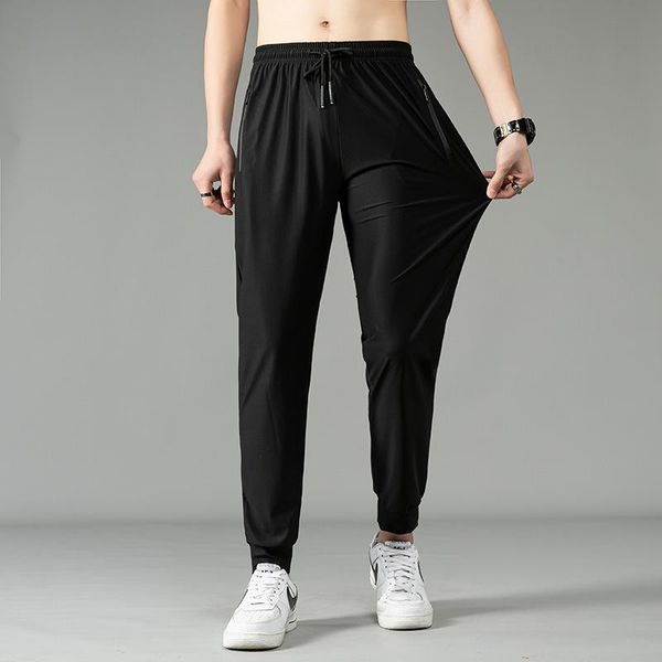 

men's pants ice silk sweatpants medium waist elastic casual fashion large streetwear men clothing, Black