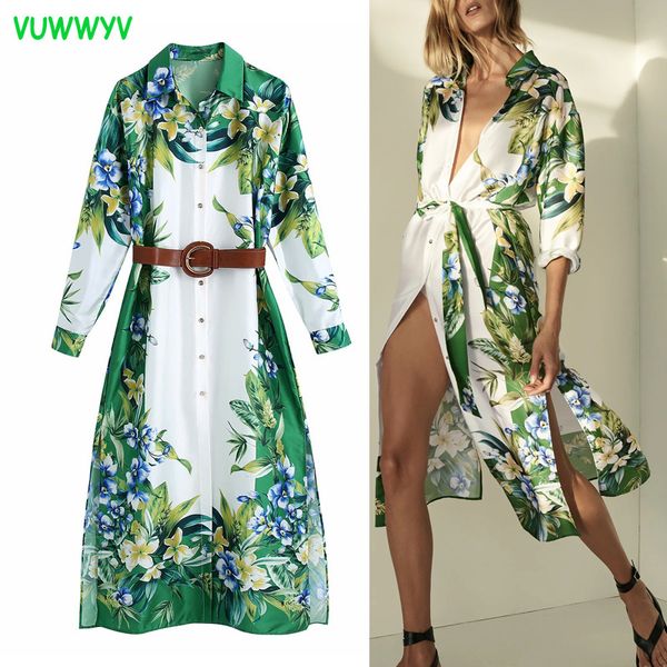 Sommer Weiß Grün Vintage Floral Hemd Kleider für Frauen Chic Tasten Gürtel Midi Kleid Frau Langarm Casual Vestidos 210430