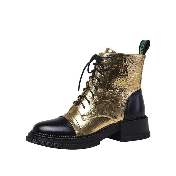

boots mixed colors women ankle silver gold platform shoes autumn winter fashion genuine leather lace up casual, Black