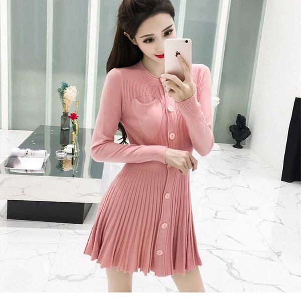 

knitteed women dress auturm o neck tunic a line office ladies party vestido elegant long sleeve mini 210601, Black;gray