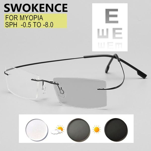 

sunglasses anti blue light rimless myopia glasses prescription -0.5 to -8.0 men women rectangular lenses pochromic for astigmatism f089, White;black