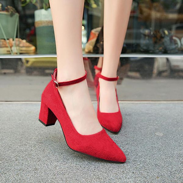 

dress shoes spring female pumps square heel anle strape high heels pointed toe wedding party red sandalias femeninas, Black