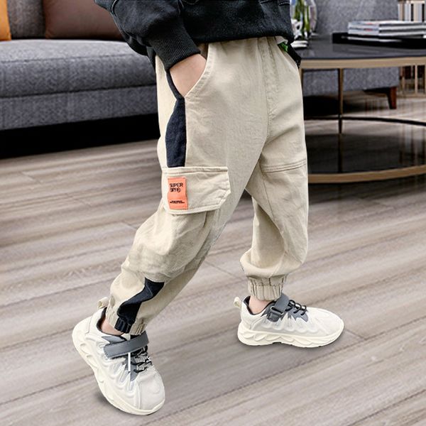 

cotton boys pants side patchwork cargo harem pants big pocket overalls spring autumn childrens trousers army green boys ders, White