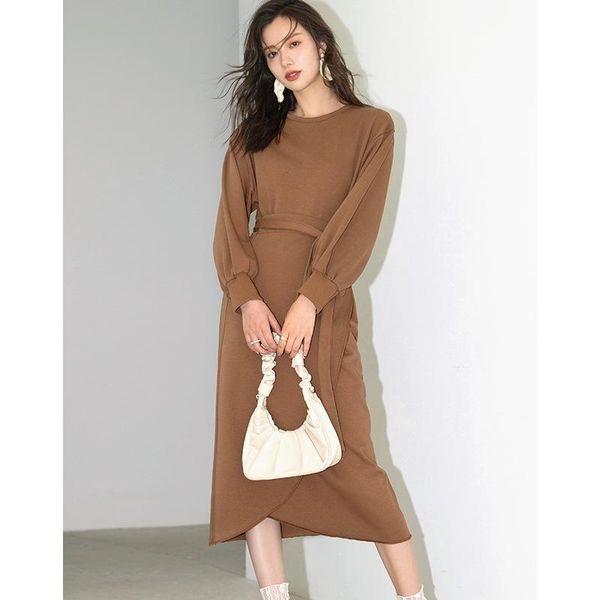 

casual dresses round collar long sleeve dress female autumn 2021 temperament light ripe show thin slit waist strap vw113, Black;gray