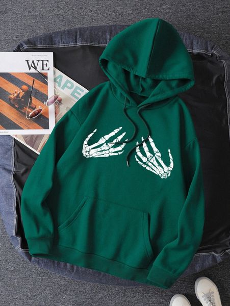 

skeleton print drawstring thermal lined hoodie o1hc#, White;black