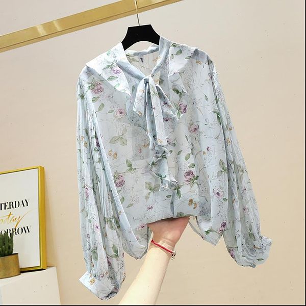

womens blouses spring autumn chiffon shirt retro wild bow long sleeve tide women gd337, White