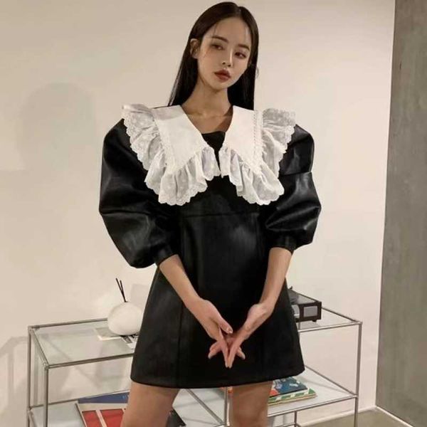 

korean chic vintage fashion black heavy industry slim waist embroidered peter pan collar pu leather dress women mini casual 210610, Black;gray