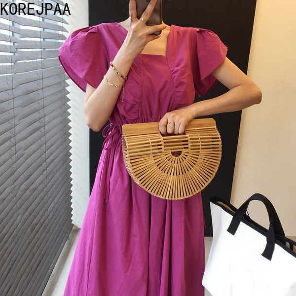 Korejpaa Frauen Kleid Sommer Koreanische Chic Weibliche Retro Square Neck Gefaltete Kordelzug Taille Abnehmen Ausgestellte Ärmel Vestidos 210526