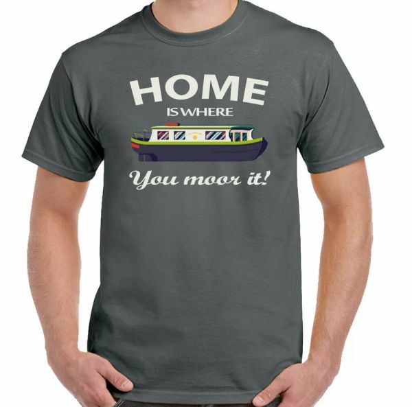 

home is where you mohr it mens funny narrow boat t-shirt canal barge long boat, White;black