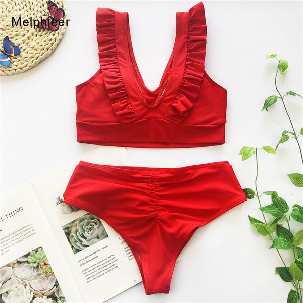 

red ruffle bikini womens swimsuit 2021 scrunch butt bikinis set summer beach swimwear lace up bandage swimming suits