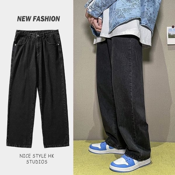 

men's jeans cotton wide-leg fashion retro casual men streetwear korean loose hip-hop straight-leg denim trousers mens nyb4, Blue