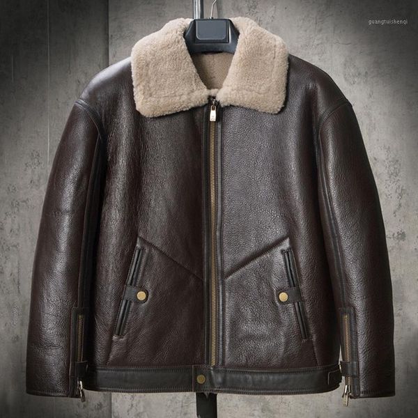 

mens sheepskin shearling jacket brown leather slim fur coat short motorcycle thicken wool men's & faux, Black