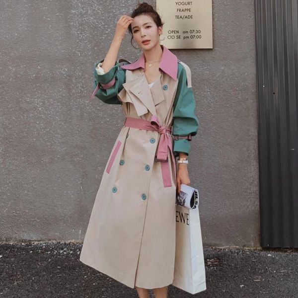 

spring autumn long-sleeve turndown collar double breasted patchwork loose mid long windbreaker overcoat with belt outerwear women's tre, Tan;black