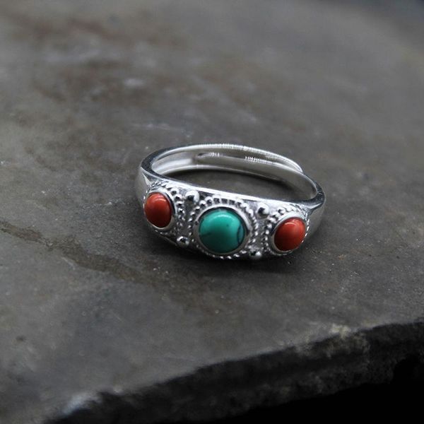 Rings de cluster estilo étnico Ringue de prata Tibetano embutido incrustação de turquesa indecente Acessórios para jóias para dedos