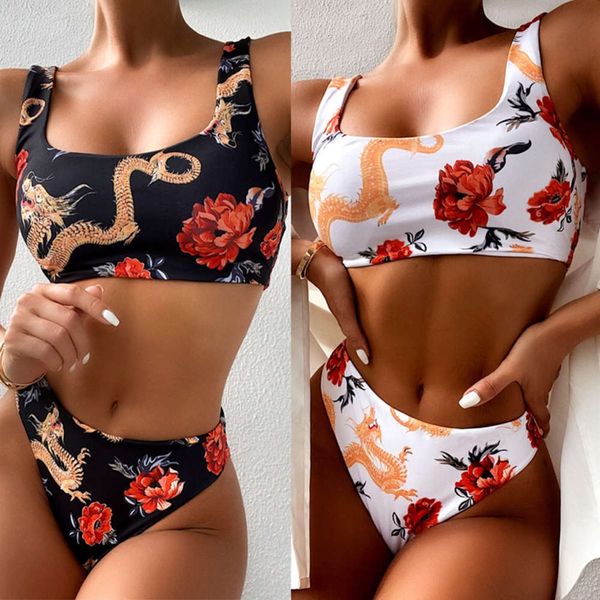 

bikini china dragon printed high waisted swimsuit 76130, White;black