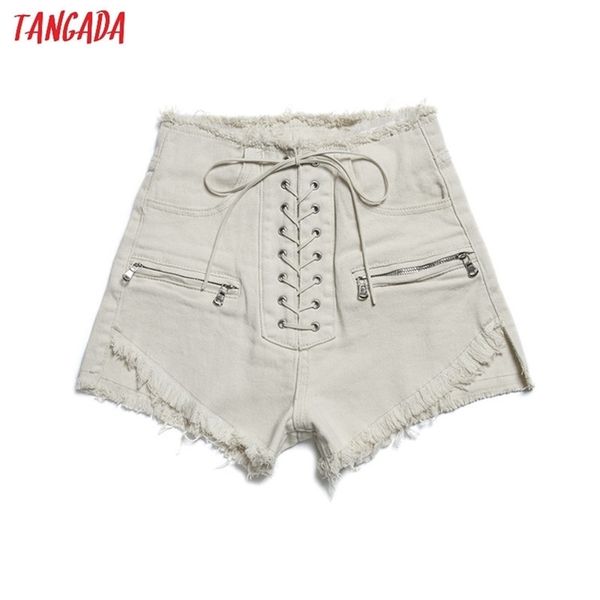 

tangada women stylish summer denim shorts lace up high waist pockets female casual streetwear white short jeans pantalone 2a19 210714, White;black