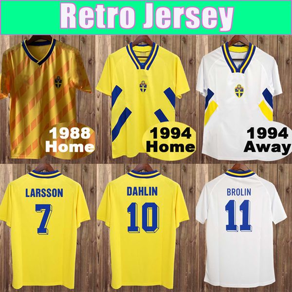 

1994 larsson ingesson mens soccer jerseys national team retro sweden dahlin brolin football shirts home yellow away white uniforms, Black;yellow