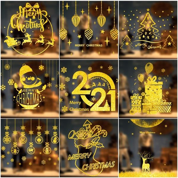 

factory outlet party decoration haoer easy window pasted with golden electrostatic glass wall old people's snowman shop scene.