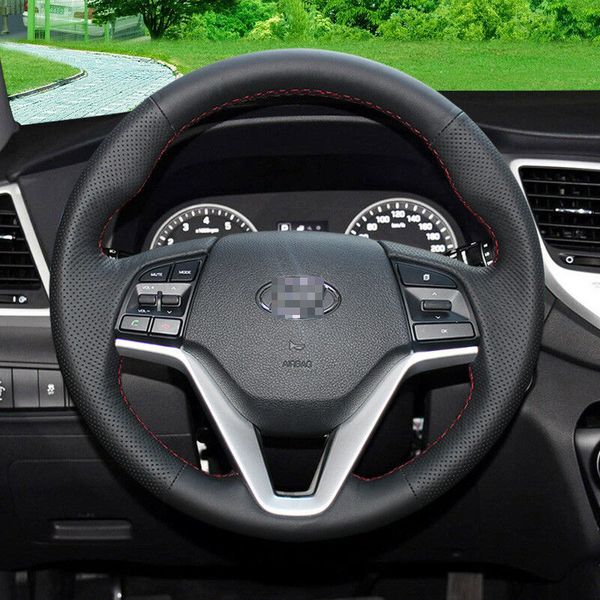 

for hyubdai tucson car diy hand sewing steering wheel cover black leather