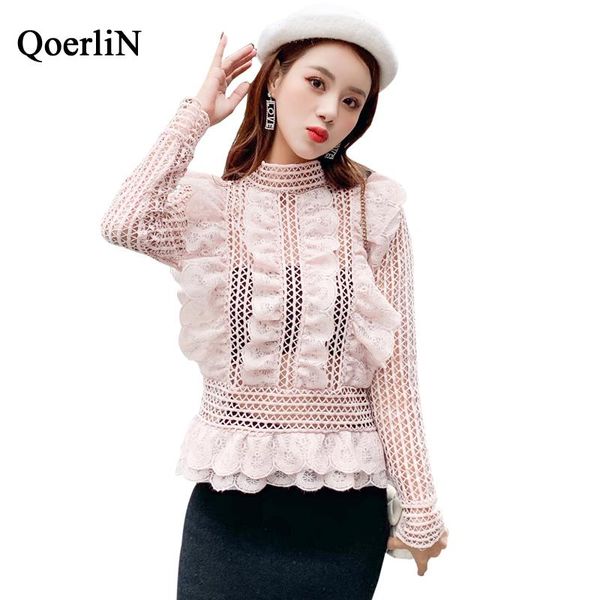

women's blouses & shirts qoerlin vintage fashion lace blouse women hollow out v-neck long sleeve ruffles street wear ladies plus size s, White