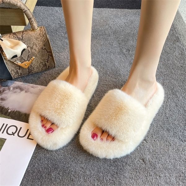 

winter house fluffy ladies fur slippers open-toe solid bedroom flat girls warm plush shoes indoor women fluffy slides y1120, Black