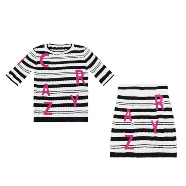 

perhaps u white striped letter o neck short sleeve empire elastic waist mini skirt two piece set summer women knitted t0179 210529