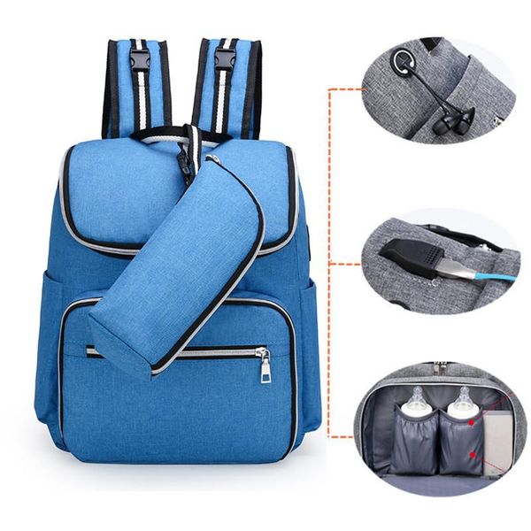 

diaper bags blue waterproof usb baby travel organzier stroller headphone plug maternity mummy packpack diapers