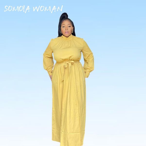

plus size dresses women clothing vintage turtleneck loose maxi dress lantern sleeve with sash elegant temperament prom, Black