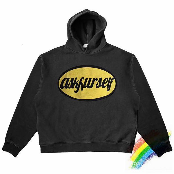 

hoodies heavy fabric v6 hoodie men women 1:1 vintage yellow embroidered oval askyurself pullover, Black