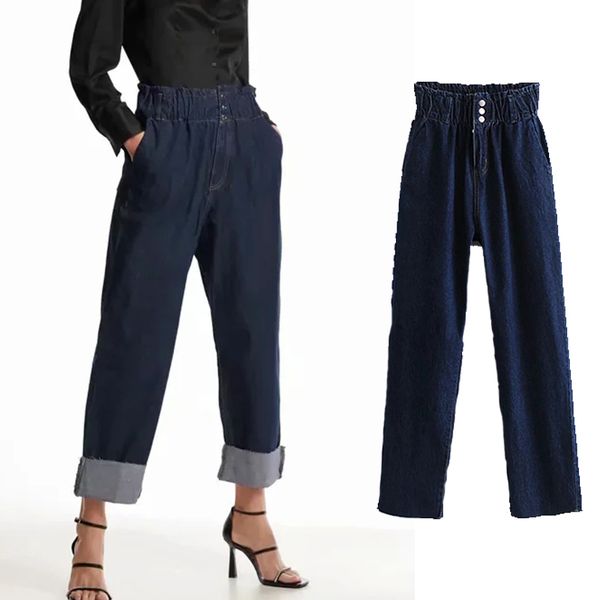 

women's shorts za 2021 spring and autumn new blue folding loose jeans high waist straight pants pure color casual streetwear 3e2o, White;black