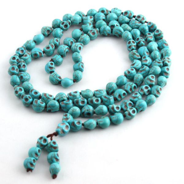 

pendant necklaces bohemian jewelry blue long knotted tibetan buddhism 108 bone skull heads prayer bead mala necklace, Silver