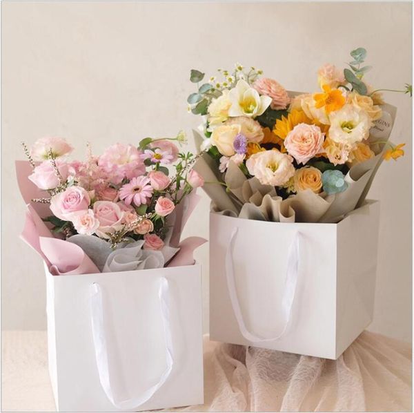 

5pcs large size paper bag for flower packaging square gift papercard with handle bouquet baking bags wrap