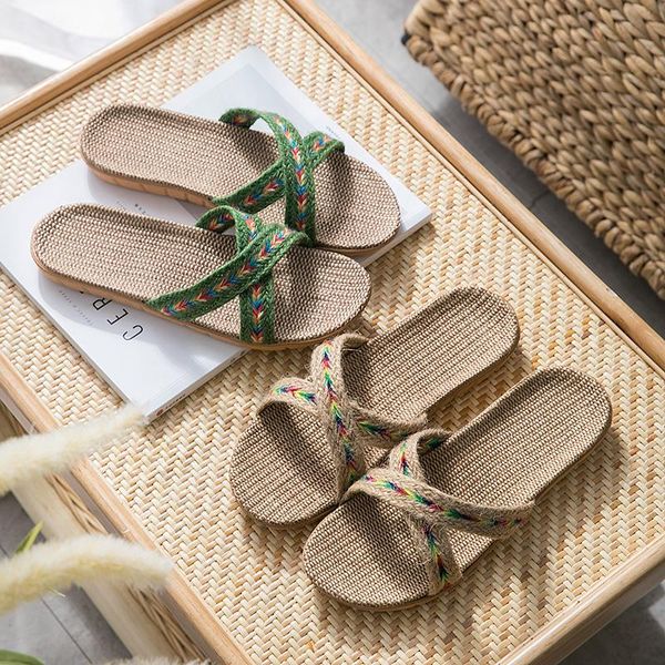 

slippers japan style summer linen for women indoor non-slip soft household couple's sandals home shoes, Black