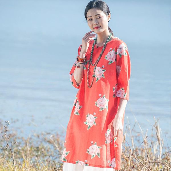 

women's blouses & shirts women spring printed cotton linen shirt ladies vintage print floral blouse female 2021 long, White