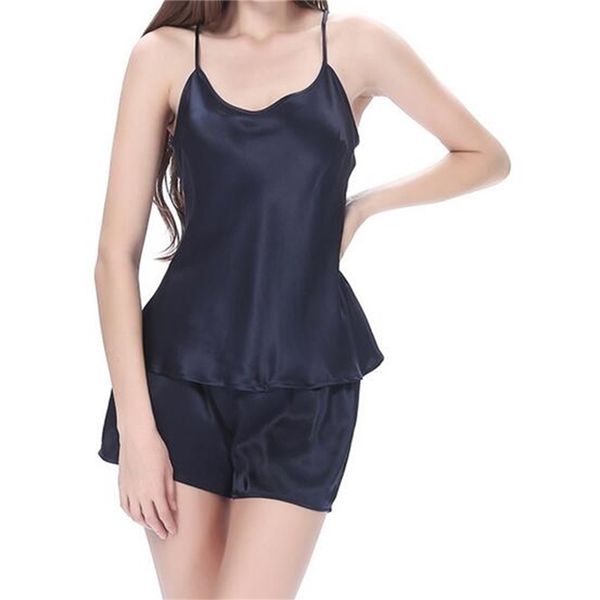 

quality 100% pure silk women's camisole shorts pajama set sleepwear -2xl ym004 210325, Black;red