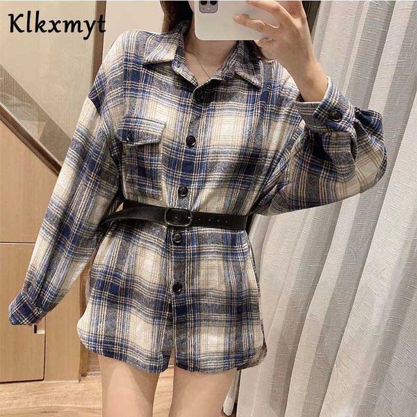

klkxmyt za jacket women fashion with belt check loose coat vintage long sleeve pockets female outerwear chic 210527, Black;brown