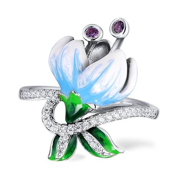

wedding rings fashion enamel lily flower for women unique cubic zirconia engagement ring female party bohemia jewelry wholesale, Slivery;golden