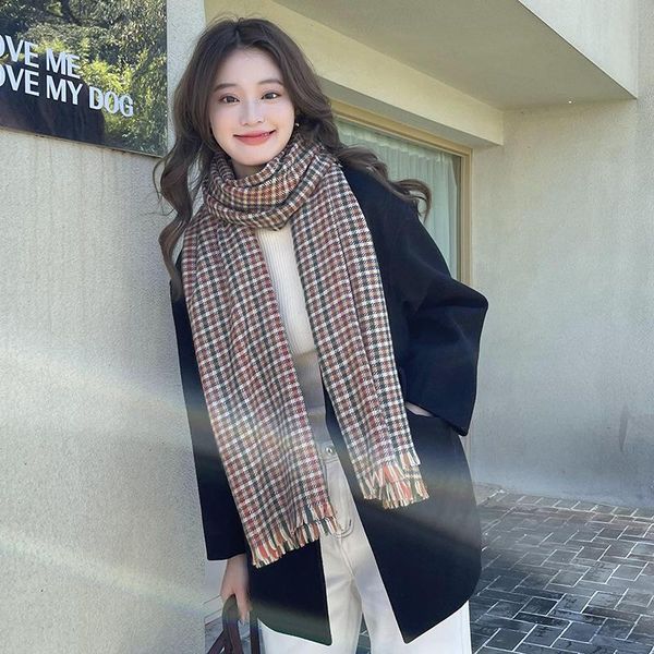 

scarves fashion imitation cashmere women vintage plaid print winter scarf warm knitted sweet tassel female student thick long wrap shawl, Blue;gray
