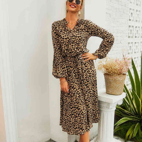 

vestido autumn summer women long sleeve leopard print party long dress vestidos vintage ruffles women's casual dress 210514, Black;gray