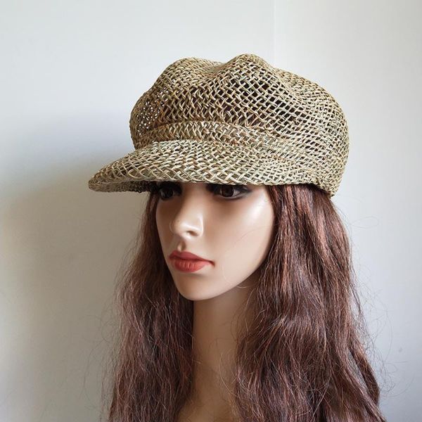 

wide brim hats fashion women natural grasses straw hat summer breathable octagonal beret cap peaked sunhats sunscreen painter tour, Blue;gray