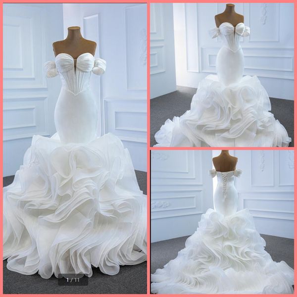 

robe deÂ mariage 2021 white satin mermaid wedding dresses off the shoulder ruffled short sleeve bridal gowns court train elegant corset styli