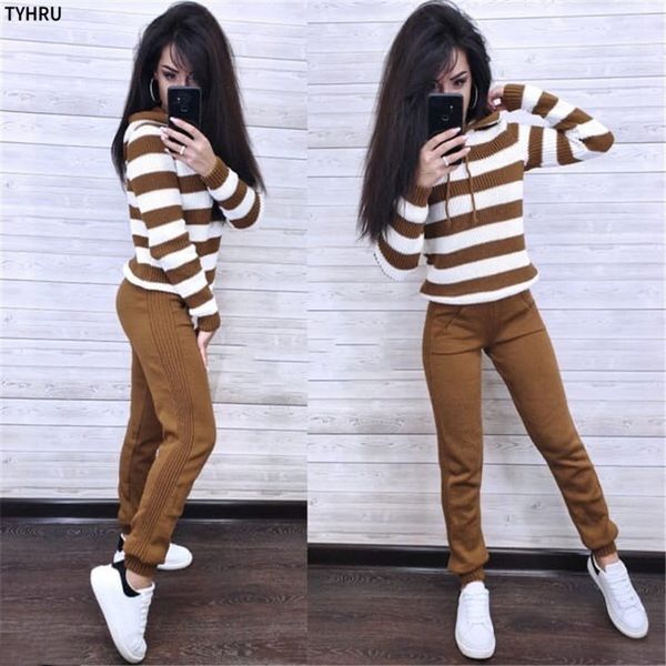 

women's tracksuits tyhru knitting suit contrast color hooded jumper pullovers+pant two piece women's knitted tracksuit od27, Gray