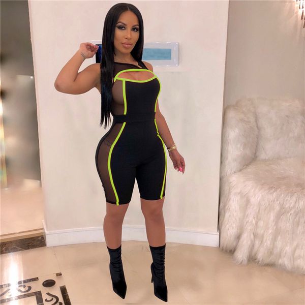 

women sleeveless mesh patchwork jumpsuit see through bodysuit one-piece cut off hole rompers beach sports playsuit, Black;white