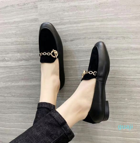 

black genuine leather suede gold chain loafers flats shoes