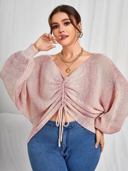 

plus ombre drawstring front batwing sleeve sweater g92f#, Black